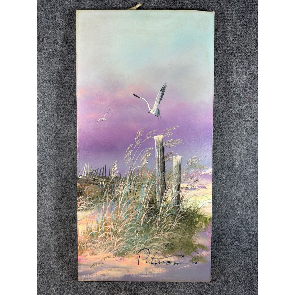 Vintage Peterson Signed Coastal Oil Painting Seagulls Beach Dunes Purple Sunset